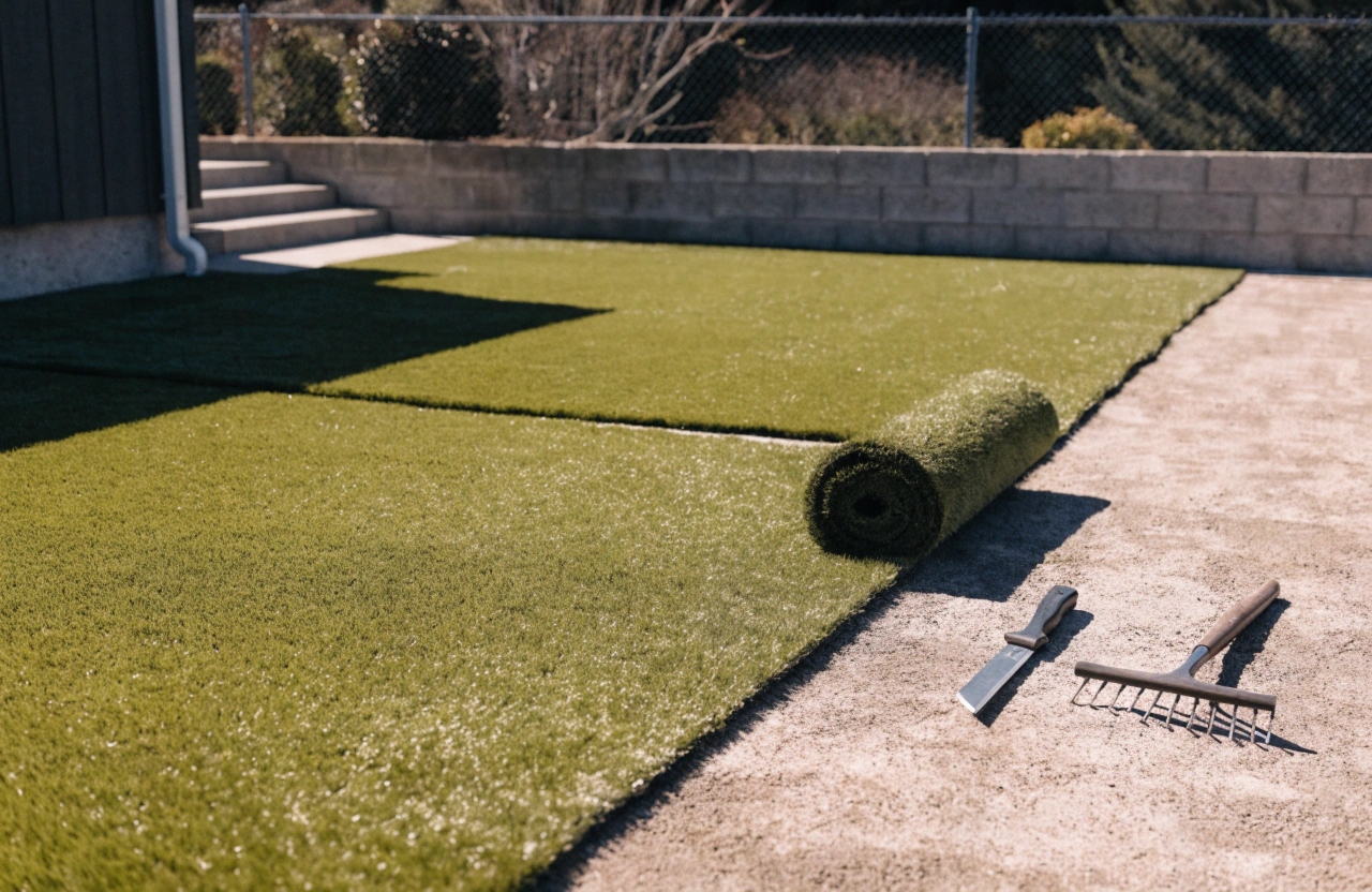 Artificial turf installation in progress over a prepared base