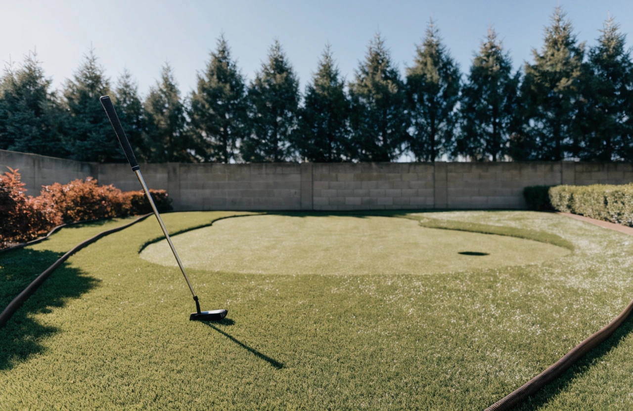 Backyard putting green installation with surrounding artificial turf