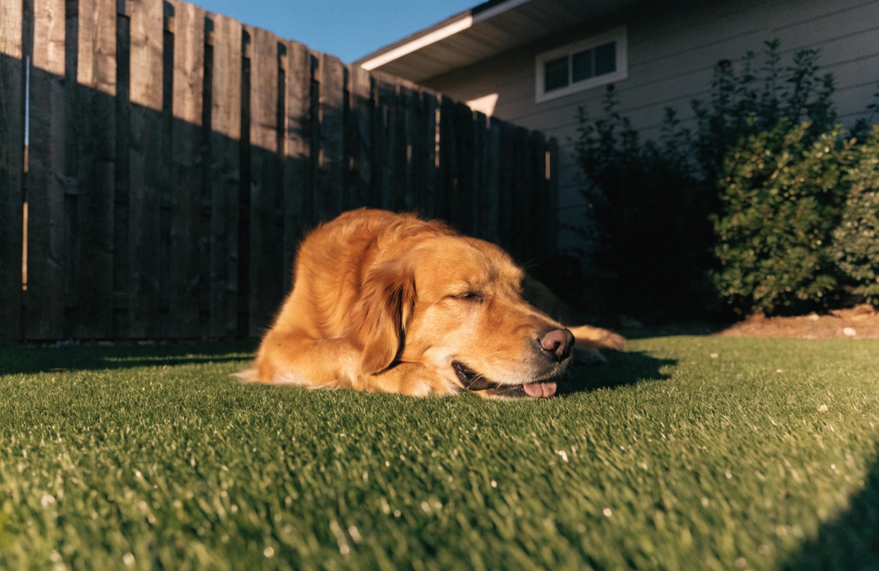 Dog relaxing on pet-friendly artificial turf in a Wollongong backyard