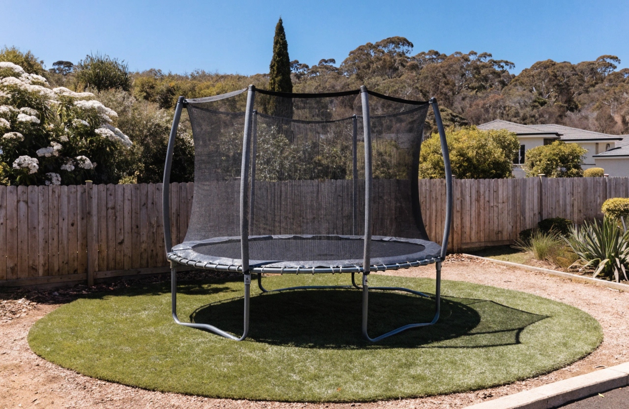 Soft fall synthetic grass installed around a backyard trampoline in a Wollongong residential property