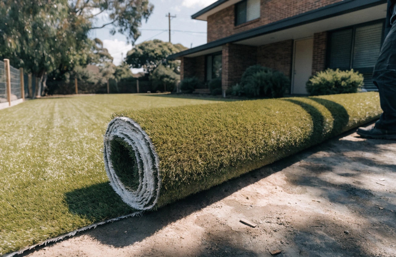 a-large-synthetic-grass-roll-being-unrolled-across Synthetic grass roll being unrolled across a residential backyard in Wollongong
