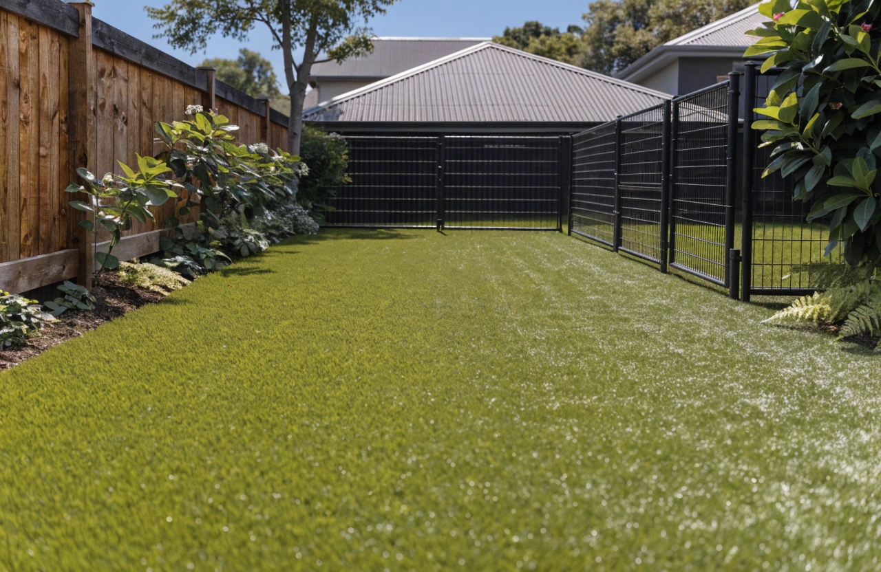 a-neatly-installed-green-synthetic-grass-surface-i Pet turf installed in a residential dog run area in Wollongong backyard