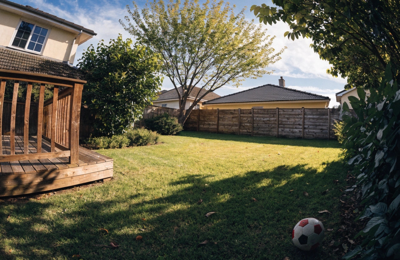 Artificial turf backyard installation in Wollongong with deck and shade tree