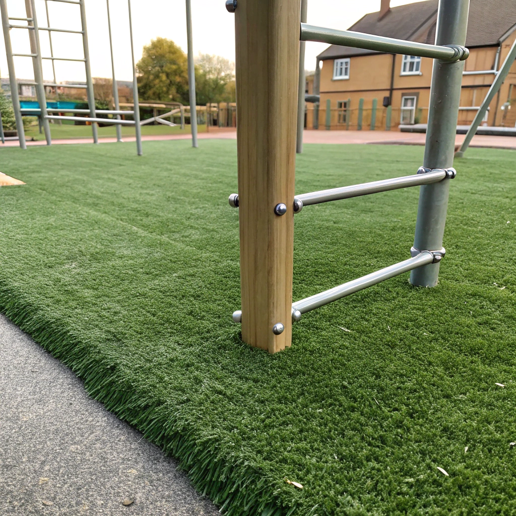 AS 4422 compliant synthetic turf soft fall zone beneath climbing equipment at a school playground