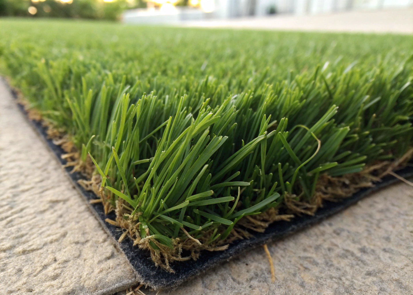 commercial-grade-synthetic-turf-surface Close-up of commercial grade synthetic turf surface showing pile density and backing construction