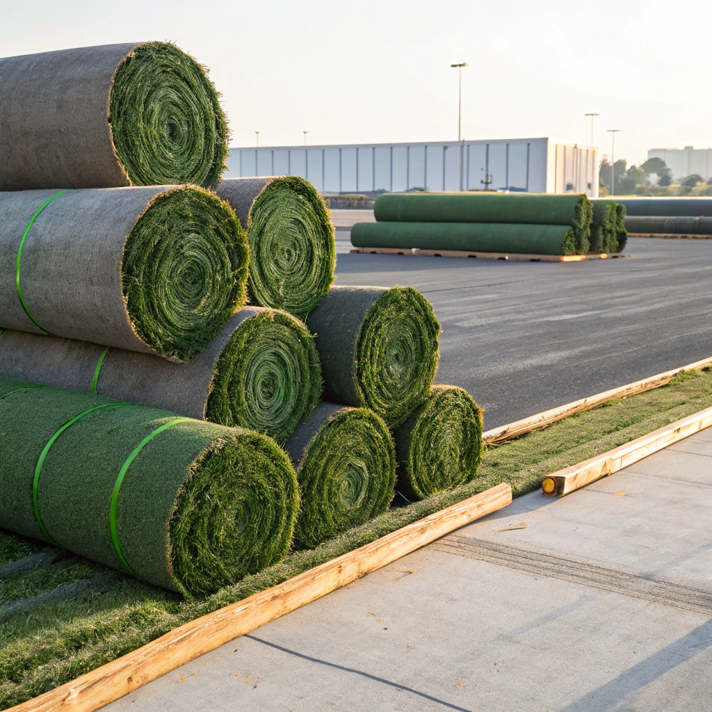 Large rolls of commercial synthetic turf staged for delivery on a commercial project site