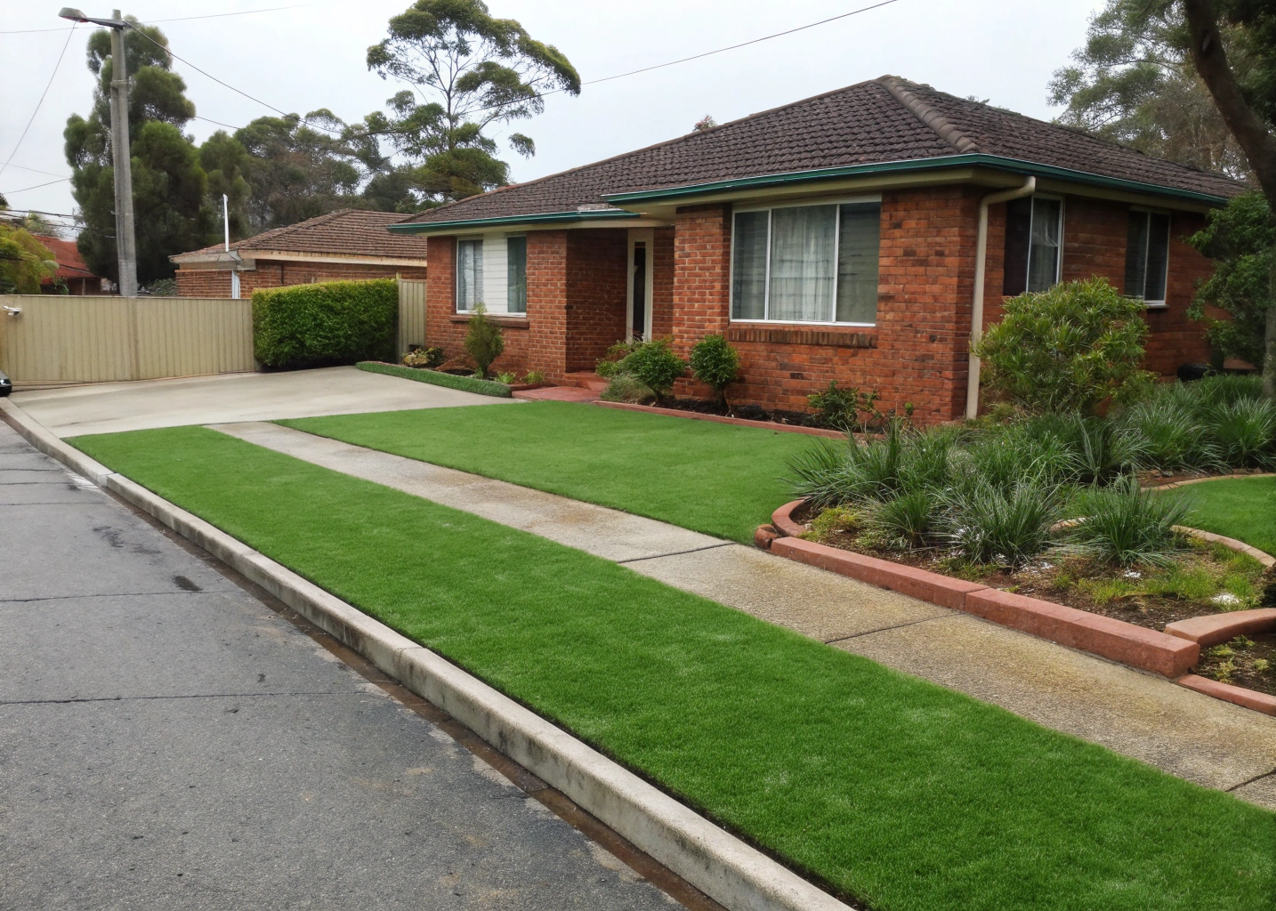front-yard-artificial-grass-wollongong Front yard artificial grass installation on a brick home in Wollongong