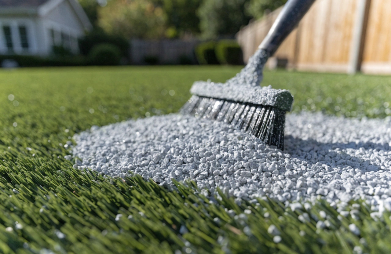 Zeolite infill being spread across pet turf surface during installation