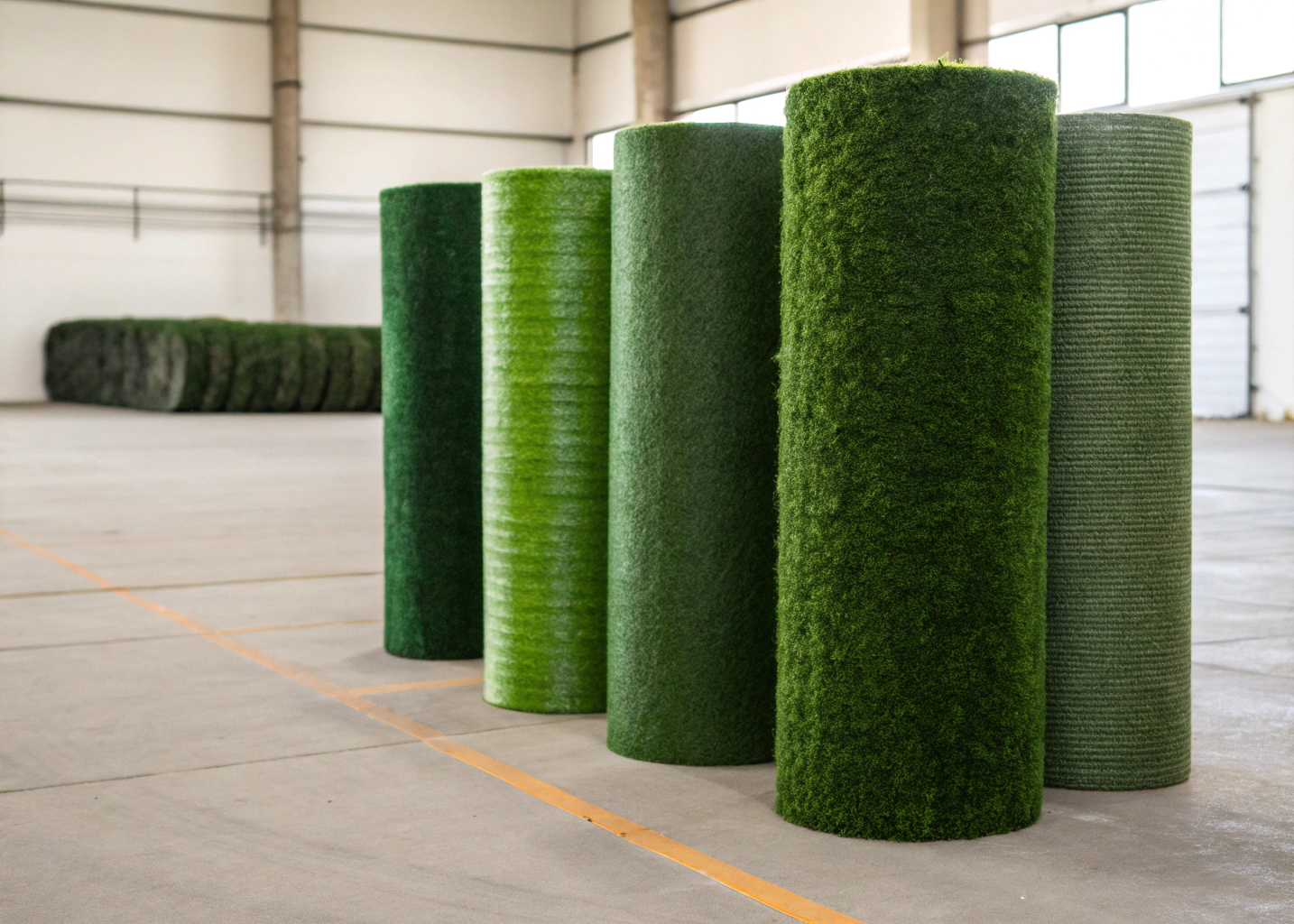 Roll-out artificial grass rolls in a warehouse ready for cut-to-size supply in Wollongong
