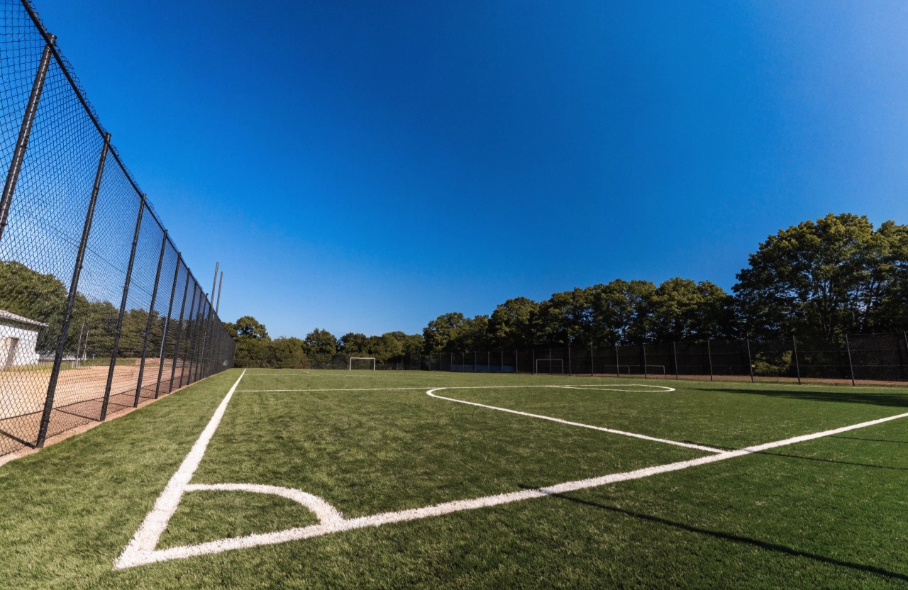 wide-angle-shot-of-a-freshly-installed-synthetic-g Synthetic sports turf football field with white line markings under clear sky