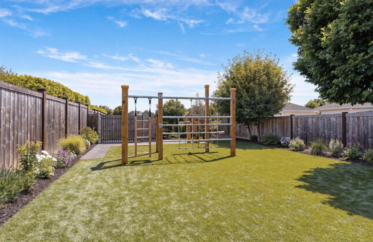 wide-shot-of-a-well-maintained-suburban-australian Soft fall synthetic grass installed beneath backyard swing set and climbing frame in a Wollongong suburban backyard